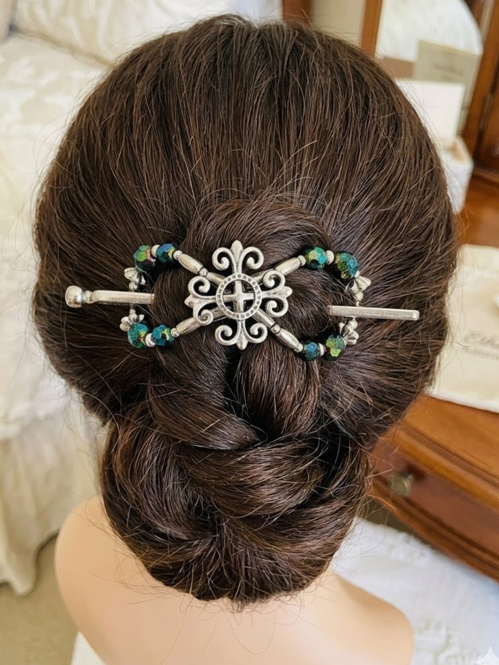 Lilla Rose Silver Teal Green Beaded Celtic Filigree Flexi Clip Hair Slide
